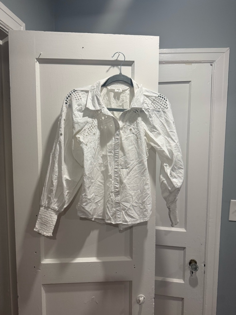 Veronica Beard White Eyelet Puff-Sleeve Button Down